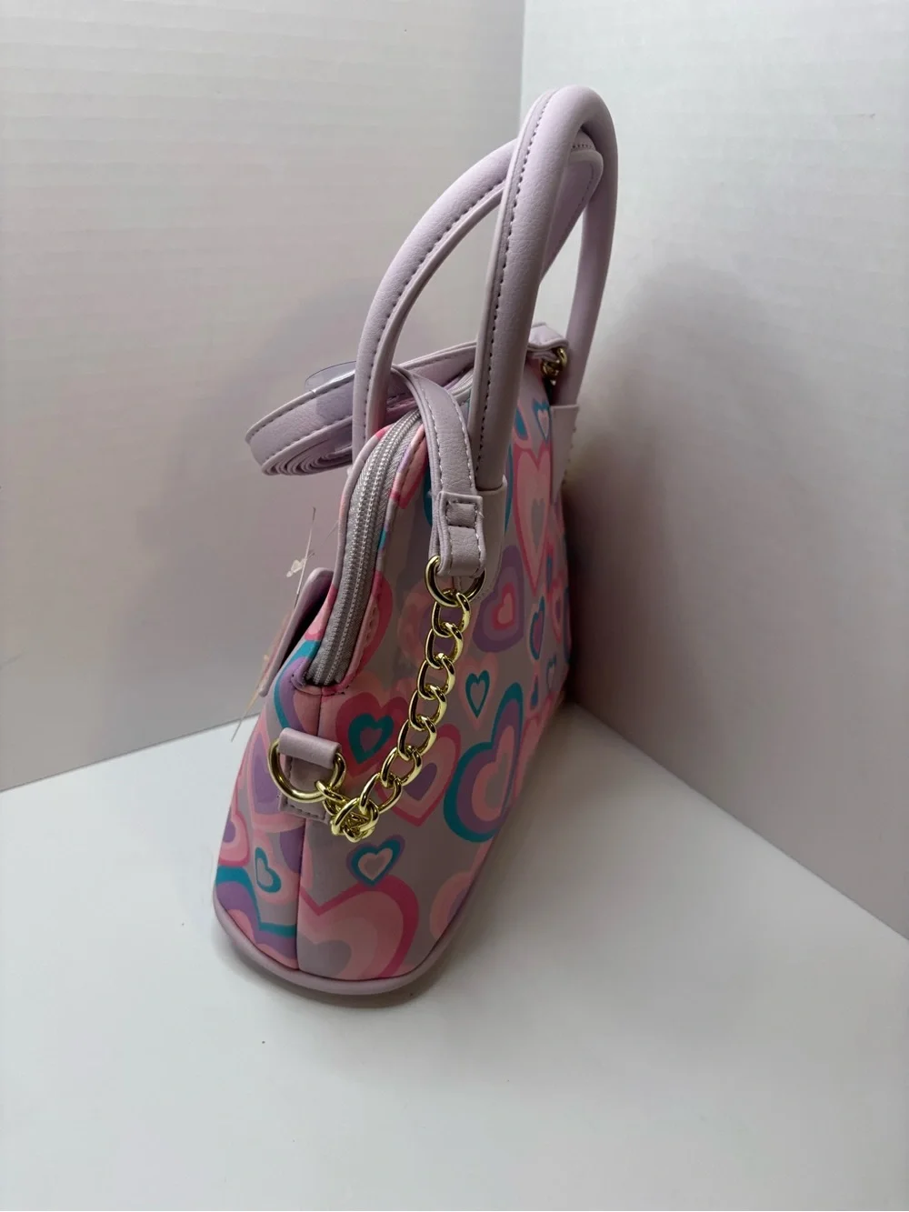 Luv Betsey Johnson cat-face W colorful Hearts Print Pink Satchel bag